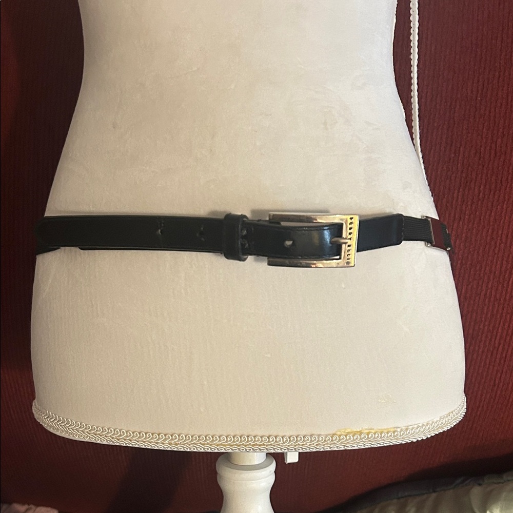 Perry Ellis Metal Link Stretch Belt Black Leather Silver Tone Men’s M/L
